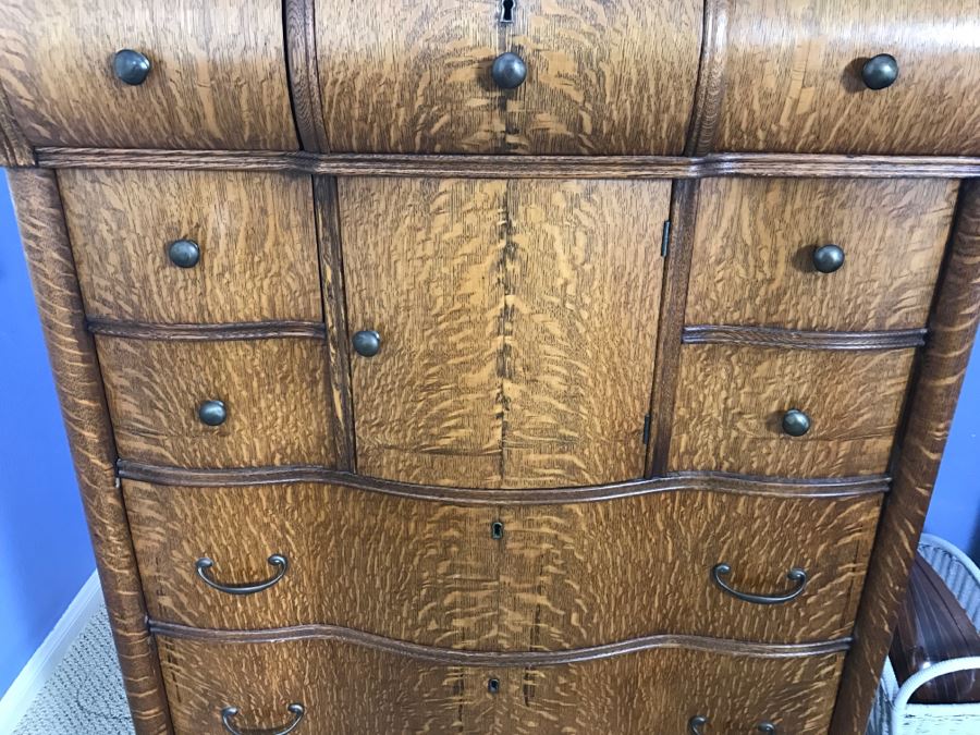 Antique Tiger Oak Highboy Dresser Chest Of Drawers With Serpentine Front And Claw Feet With Swivel Mirror [Photo 9]