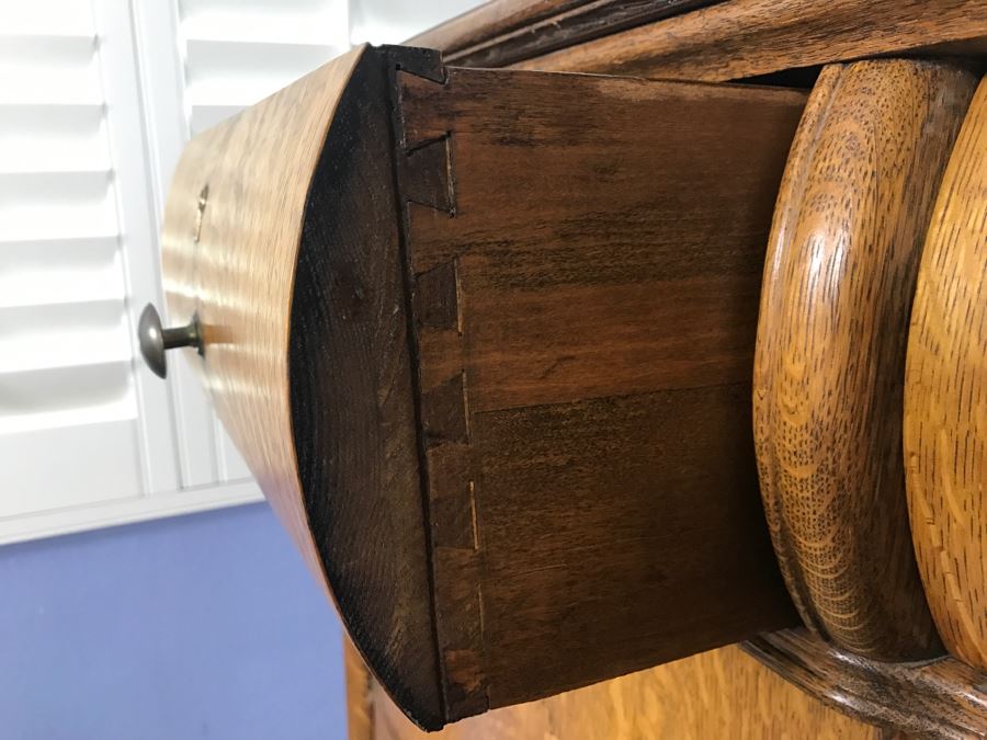 Antique Tiger Oak Highboy Dresser Chest Of Drawers With Serpentine Front And Claw Feet With Swivel Mirror [Photo 10]