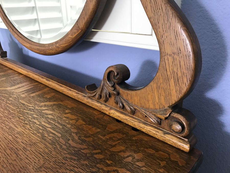 Antique Tiger Oak Highboy Dresser Chest Of Drawers With Serpentine Front And Claw Feet With Swivel Mirror [Photo 6]