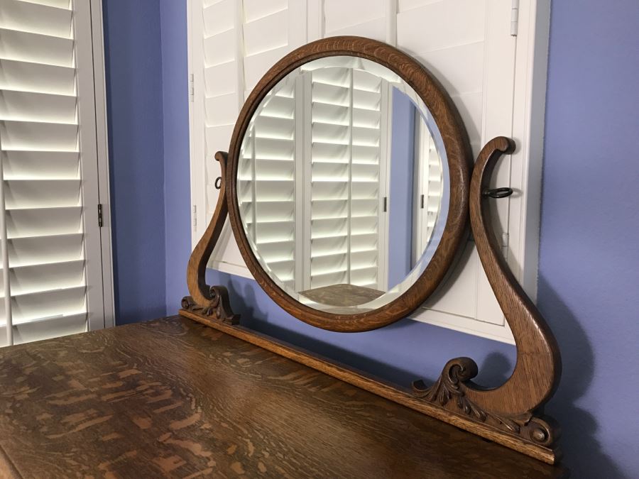 Antique Tiger Oak Highboy Dresser Chest Of Drawers With Serpentine Front And Claw Feet With Swivel Mirror [Photo 5]