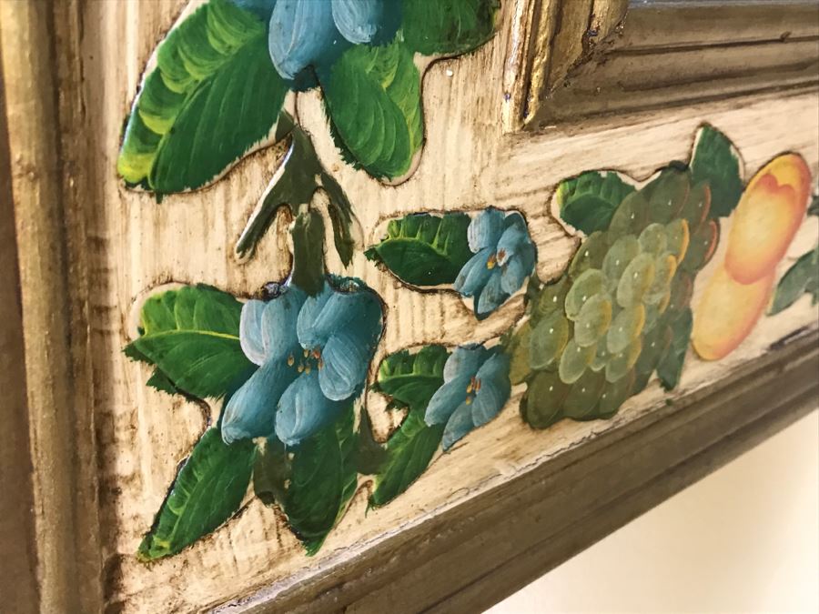 Fabulous Hand Painted And Relief Carved Beveled Glass Wall Mirror With Fruit Motif [Photo 7]