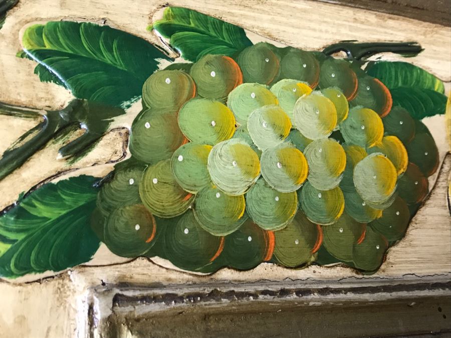 Fabulous Hand Painted And Relief Carved Beveled Glass Wall Mirror With Fruit Motif [Photo 3]