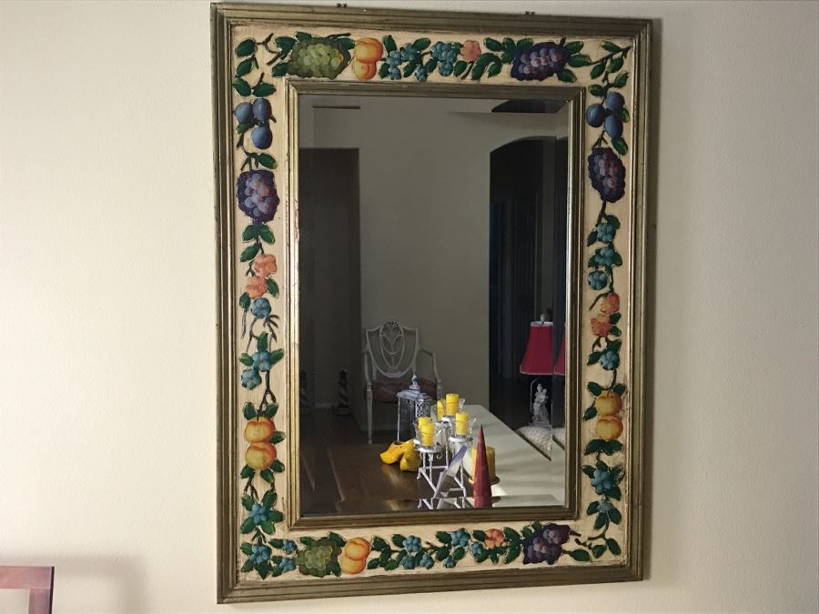 Fabulous Hand Painted And Relief Carved Beveled Glass Wall Mirror With Fruit Motif