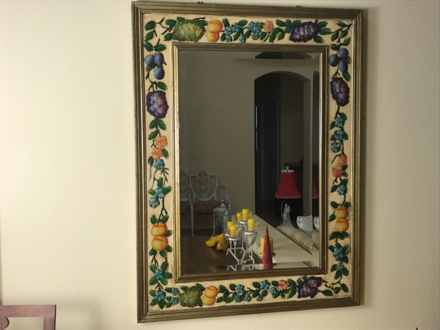 Fabulous Hand Painted And Relief Carved Beveled Glass Wall Mirror With Fruit Motif [Photo 4]