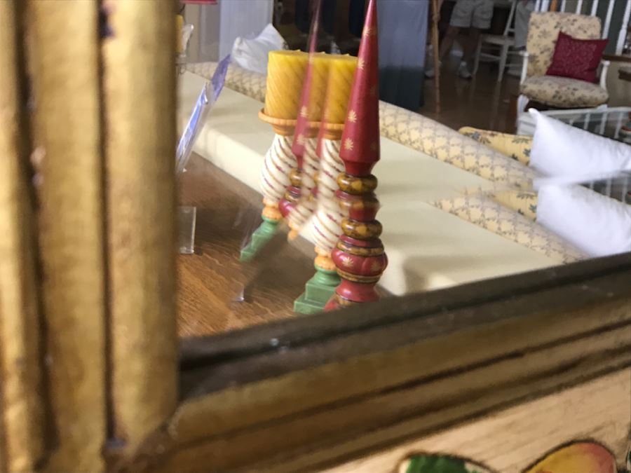 Fabulous Hand Painted And Relief Carved Beveled Glass Wall Mirror With Fruit Motif [Photo 8]