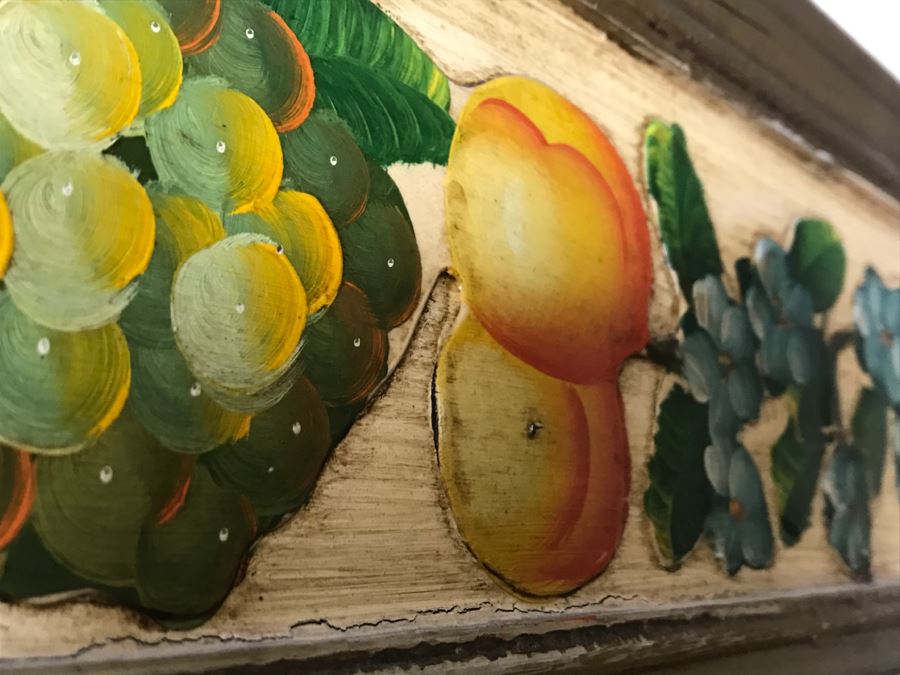 Fabulous Hand Painted And Relief Carved Beveled Glass Wall Mirror With Fruit Motif [Photo 6]