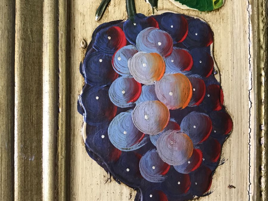 Fabulous Hand Painted And Relief Carved Beveled Glass Wall Mirror With Fruit Motif [Photo 2]