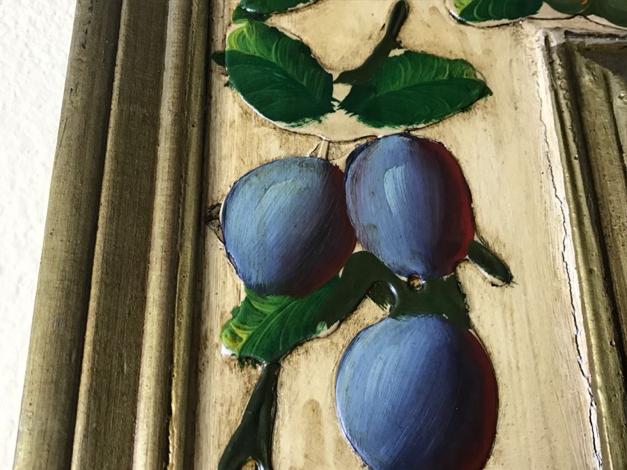 Fabulous Hand Painted And Relief Carved Beveled Glass Wall Mirror With Fruit Motif [Photo 5]