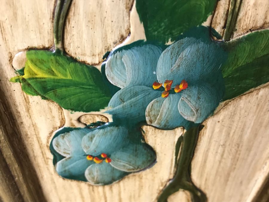 Fabulous Hand Painted And Relief Carved Beveled Glass Wall Mirror With Fruit Motif [Photo 9]