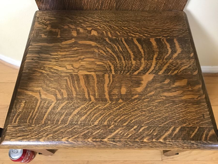 Vintage Tiger Oak Hall Tree With Chair, Mirror And Coat Rack Hooks [Photo 5]