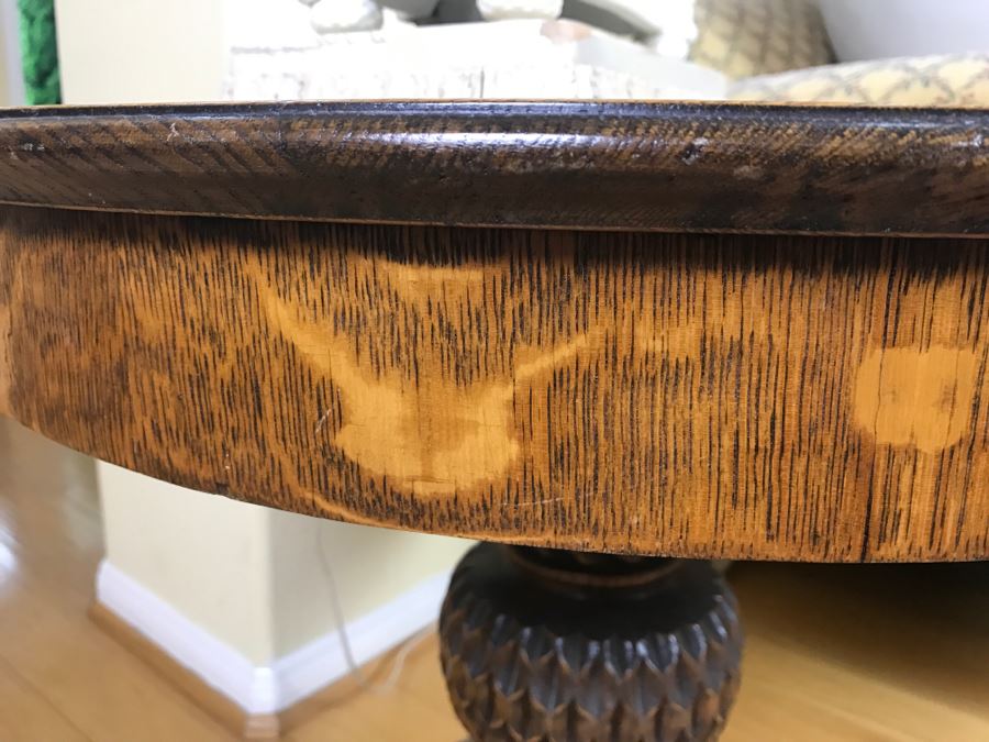 Stuning Round Tiger Oak Pedestal Table With Detailed Carvings [Photo 8]