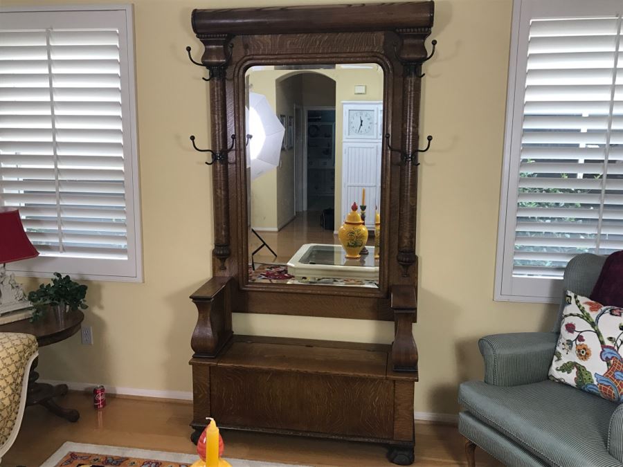 Antique Tiger Oak Hall Tree With Storage Bench, Beveled Glass Mirror And Coat Rack Hooks - Mirror Mounts To Wall [Photo 16]