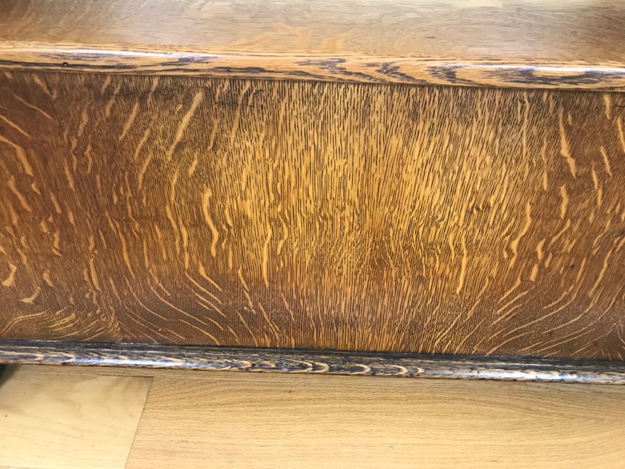 Antique Tiger Oak Hall Tree With Storage Bench, Beveled Glass Mirror And Coat Rack Hooks - Mirror Mounts To Wall [Photo 5]