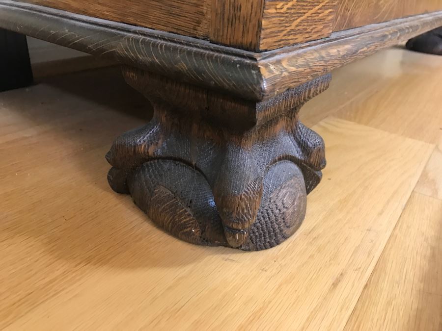 Antique Tiger Oak Hall Tree With Storage Bench, Beveled Glass Mirror And Coat Rack Hooks - Mirror Mounts To Wall [Photo 8]