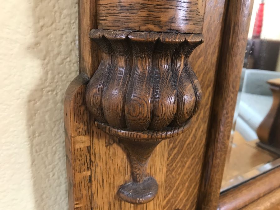 Antique Tiger Oak Hall Tree With Storage Bench, Beveled Glass Mirror And Coat Rack Hooks - Mirror Mounts To Wall [Photo 11]
