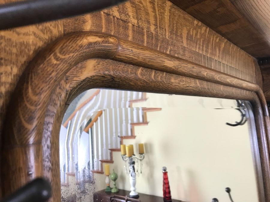 Antique Tiger Oak Hall Tree With Storage Bench, Beveled Glass Mirror And Coat Rack Hooks - Mirror Mounts To Wall [Photo 13]