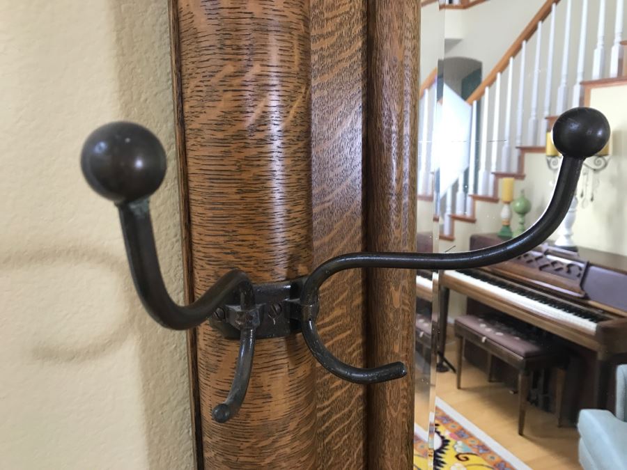 Antique Tiger Oak Hall Tree With Storage Bench, Beveled Glass Mirror And Coat Rack Hooks - Mirror Mounts To Wall [Photo 12]