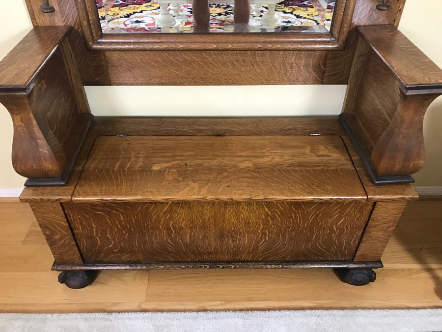 Antique Tiger Oak Hall Tree With Storage Bench, Beveled Glass Mirror And Coat Rack Hooks - Mirror Mounts To Wall [Photo 4]