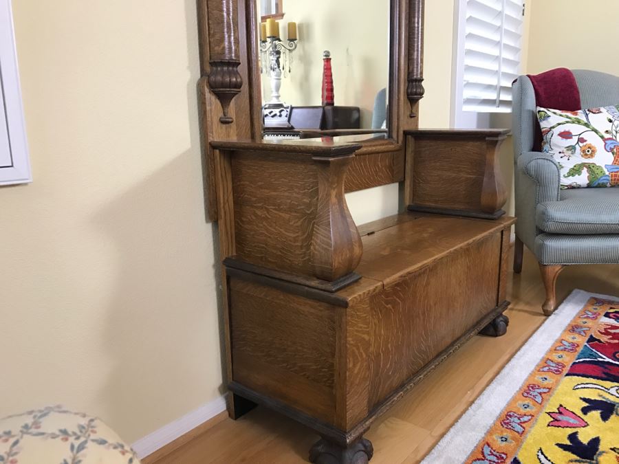Antique Tiger Oak Hall Tree With Storage Bench, Beveled Glass Mirror And Coat Rack Hooks - Mirror Mounts To Wall [Photo 10]