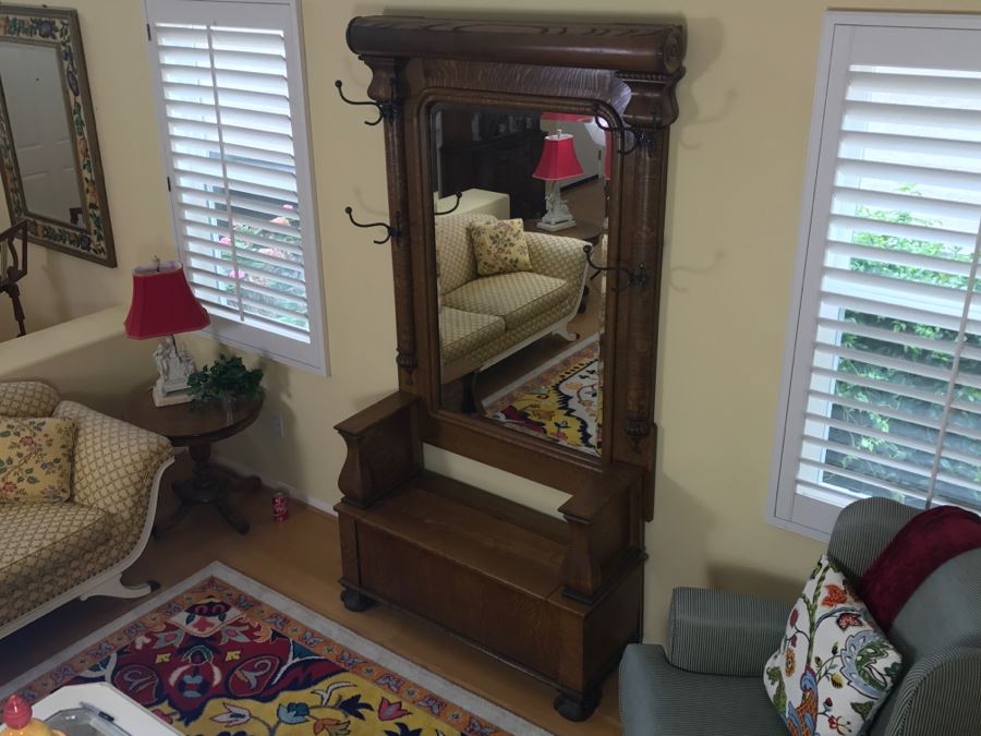 Antique Tiger Oak Hall Tree With Storage Bench, Beveled Glass Mirror And Coat Rack Hooks - Mirror Mounts To Wall [Photo 17]