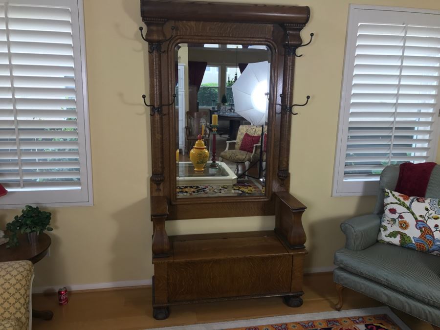 Antique Tiger Oak Hall Tree With Storage Bench, Beveled Glass Mirror And Coat Rack Hooks - Mirror Mounts To Wall [Photo 3]