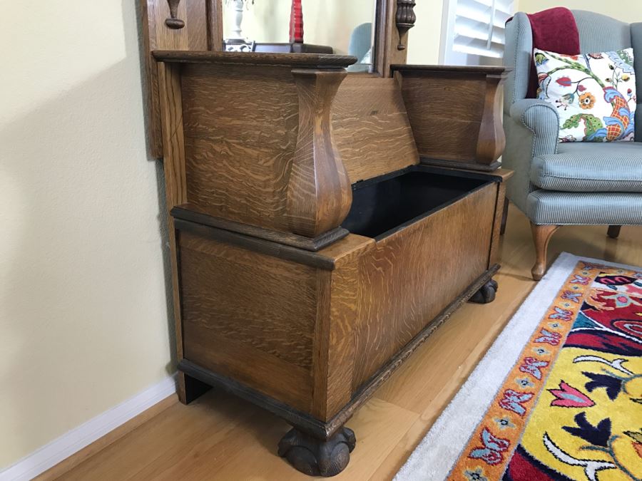 Antique Tiger Oak Hall Tree With Storage Bench, Beveled Glass Mirror And Coat Rack Hooks - Mirror Mounts To Wall [Photo 7]