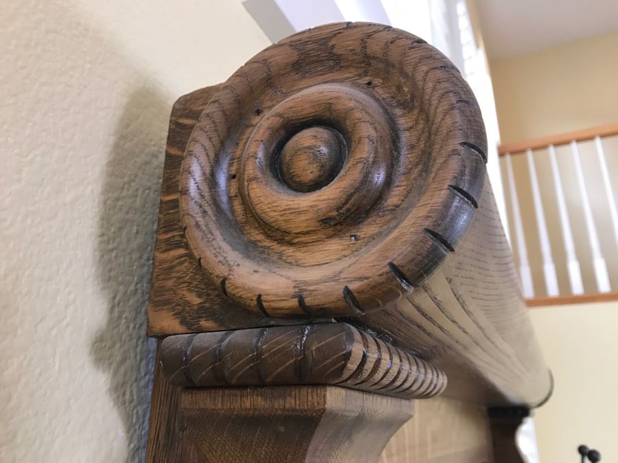 Antique Tiger Oak Hall Tree With Storage Bench, Beveled Glass Mirror And Coat Rack Hooks - Mirror Mounts To Wall [Photo 14]