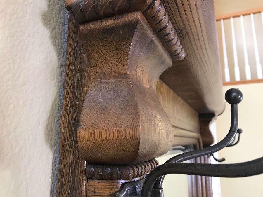 Antique Tiger Oak Hall Tree With Storage Bench, Beveled Glass Mirror And Coat Rack Hooks - Mirror Mounts To Wall [Photo 15]