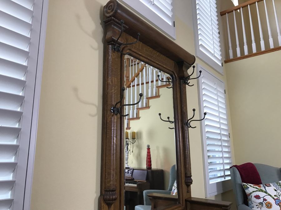 Antique Tiger Oak Hall Tree With Storage Bench, Beveled Glass Mirror And Coat Rack Hooks - Mirror Mounts To Wall [Photo 9]