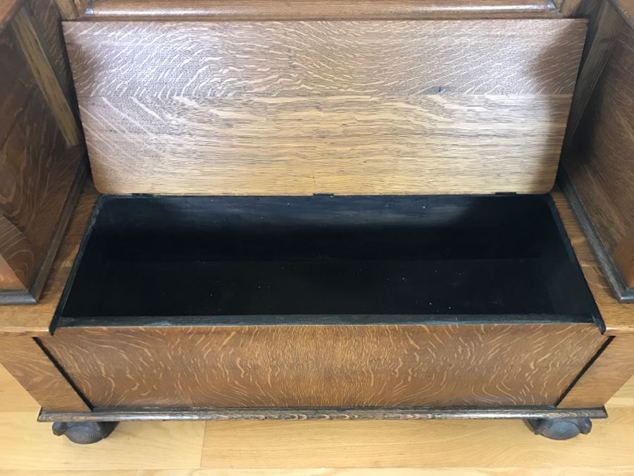 Antique Tiger Oak Hall Tree With Storage Bench, Beveled Glass Mirror And Coat Rack Hooks - Mirror Mounts To Wall [Photo 6]