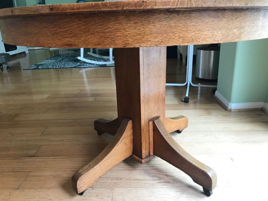 Antique Oak Plank Butcher Block Round Pedestal Dining Table With 2 Custom Leaves [Photo 9]