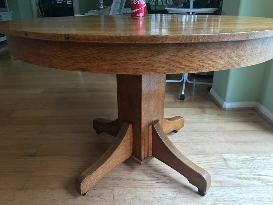Antique Oak Plank Butcher Block Round Pedestal Dining Table With 2 Custom Leaves [Photo 8]
