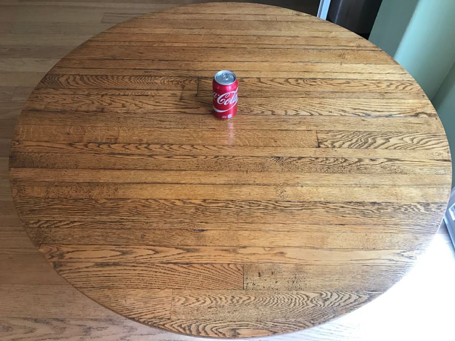 Antique Oak Plank Butcher Block Round Pedestal Dining Table With 2 Custom Leaves [Photo 3]