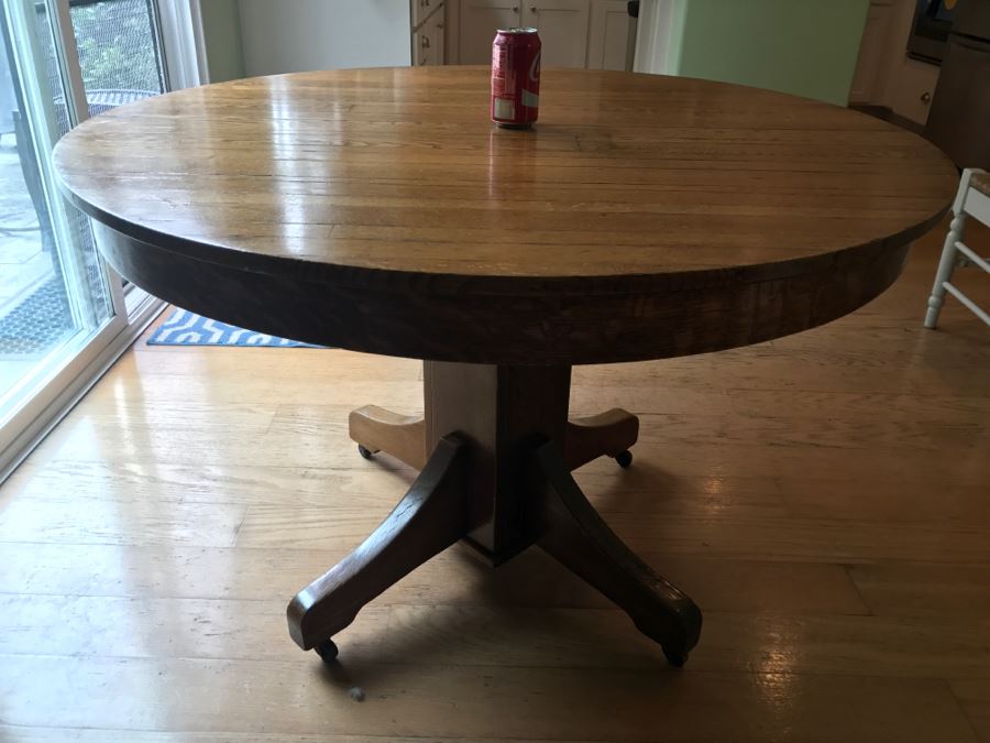 Antique Oak Plank Butcher Block Round Pedestal Dining Table With 2 Custom Leaves [Photo 6]