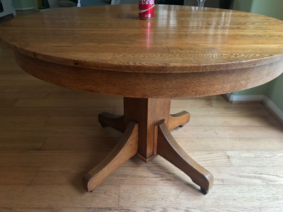 Antique Oak Plank Butcher Block Round Pedestal Dining Table With 2 ...