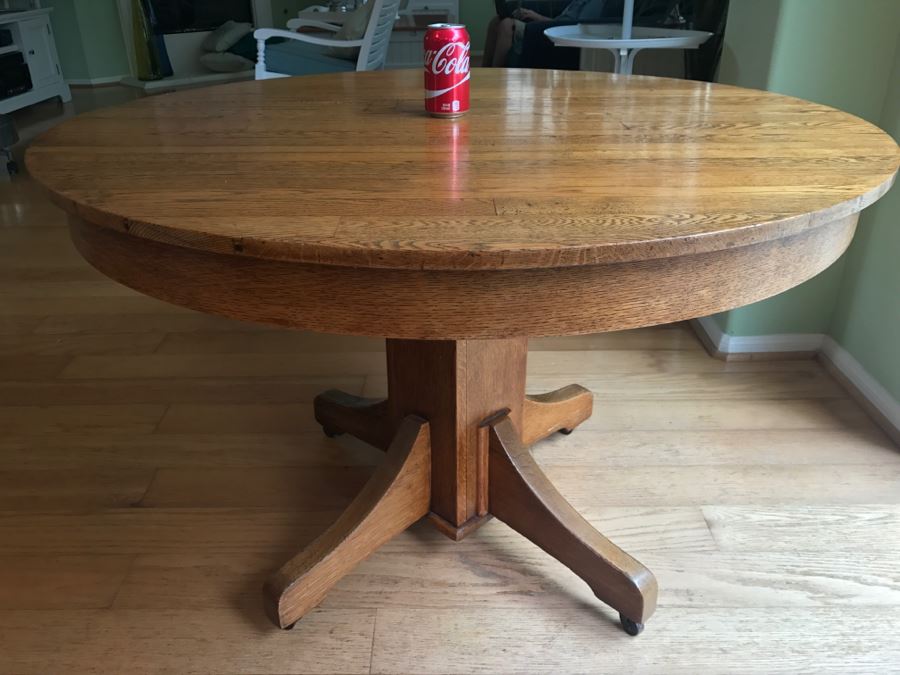 Antique Oak Plank Butcher Block Round Pedestal Dining Table With 2 Custom Leaves [Photo 11]