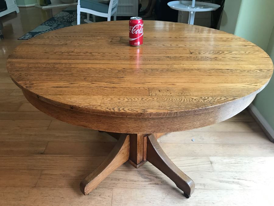 Antique Oak Plank Butcher Block Round Pedestal Dining Table With 2 Custom Leaves