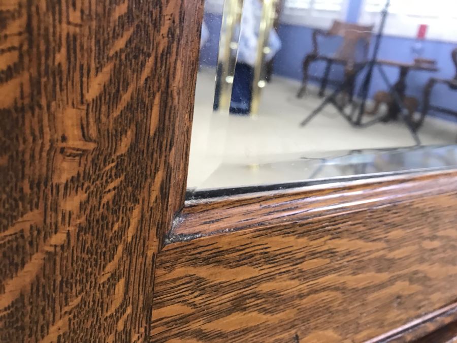 Stunning Antique Tiger Oak Armoire Cabinet With Shelving And Beveled Glass Mirror [Photo 11]