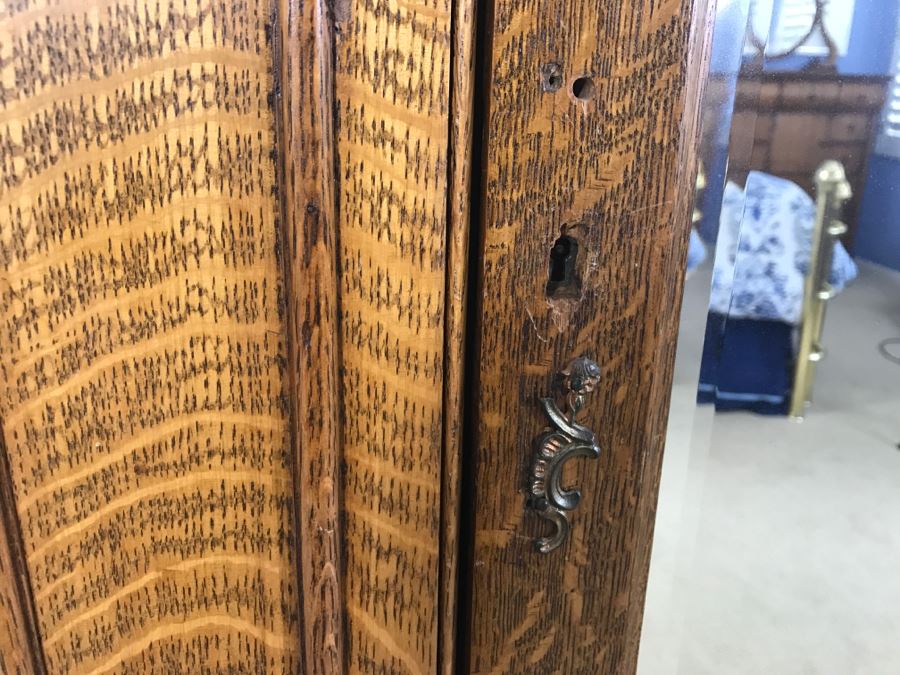 Stunning Antique Tiger Oak Armoire Cabinet With Shelving And Beveled Glass Mirror [Photo 12]