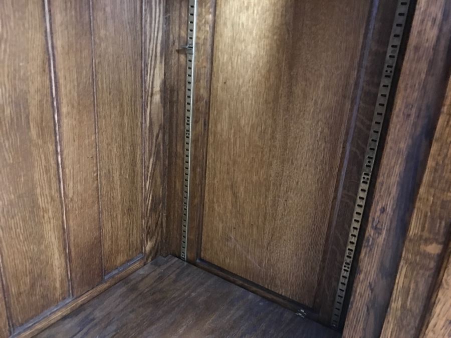 Stunning Antique Tiger Oak Armoire Cabinet With Shelving And Beveled Glass Mirror [Photo 16]