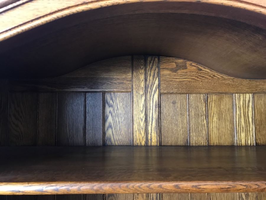 Stunning Antique Tiger Oak Armoire Cabinet With Shelving And Beveled Glass Mirror [Photo 14]