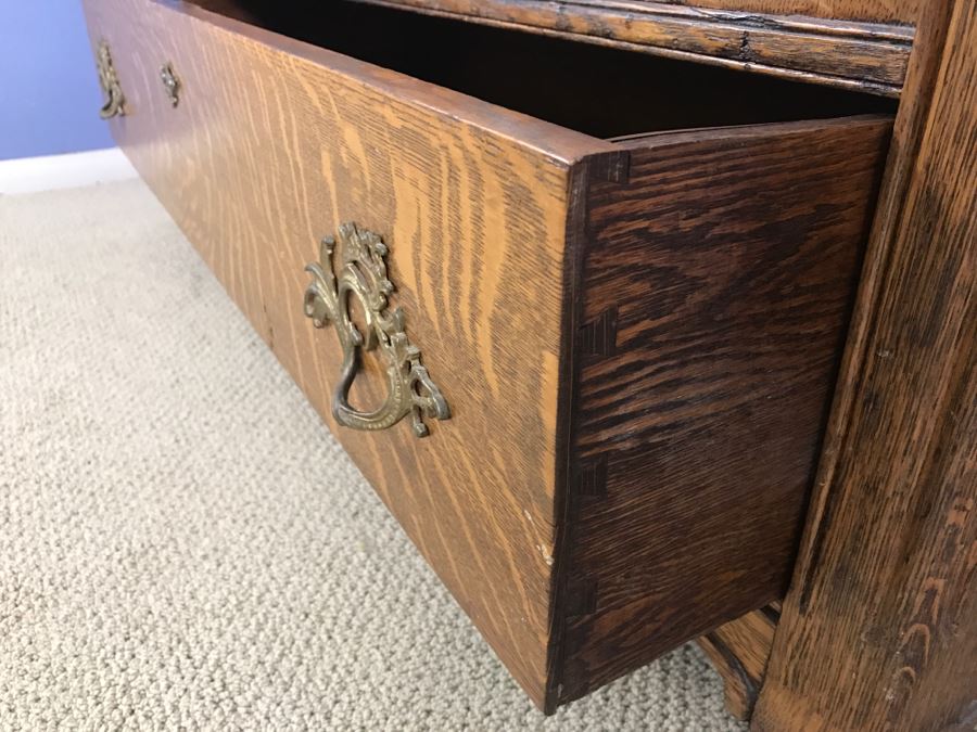 Stunning Antique Tiger Oak Armoire Cabinet With Shelving And Beveled Glass Mirror [Photo 10]