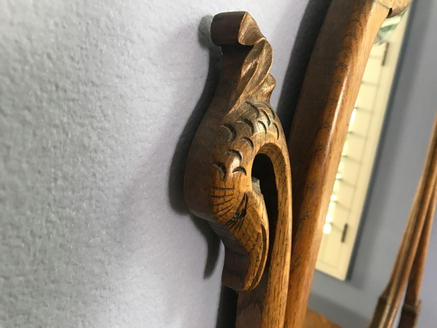 Vintage Tiger Oak Vanity Desk With Beveled Glass Mirror, Queen Anne Legs And Beautiful Wood Carvings [Photo 4]