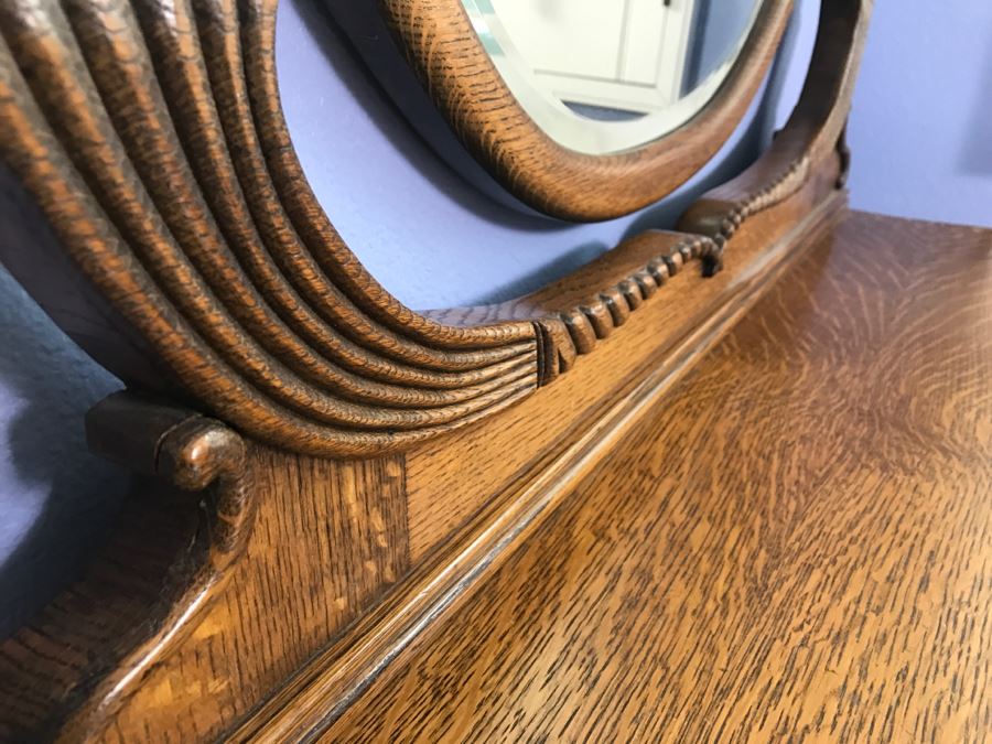 Vintage Tiger Oak Vanity Desk With Beveled Glass Mirror, Queen Anne Legs And Beautiful Wood Carvings [Photo 7]