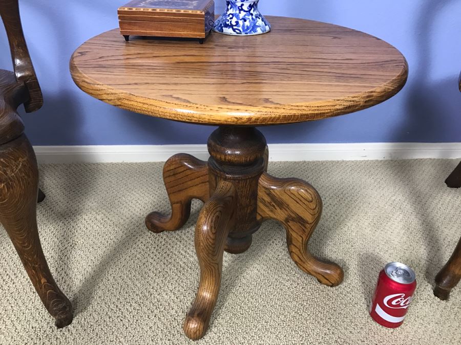 Round Oak Pedestal Side Table