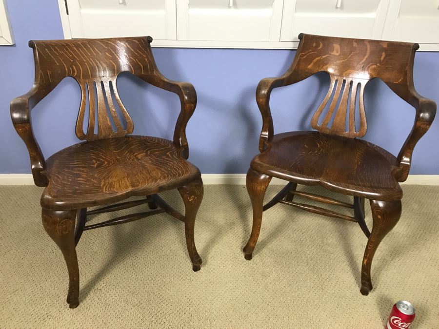Fabulous Pair Of Vintage Tiger Oak Designer Armchairs [Photo 4]