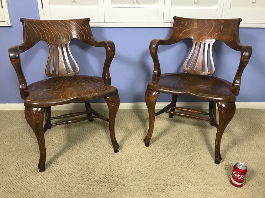 Fabulous Pair Of Vintage Tiger Oak Designer Armchairs [Photo 3]