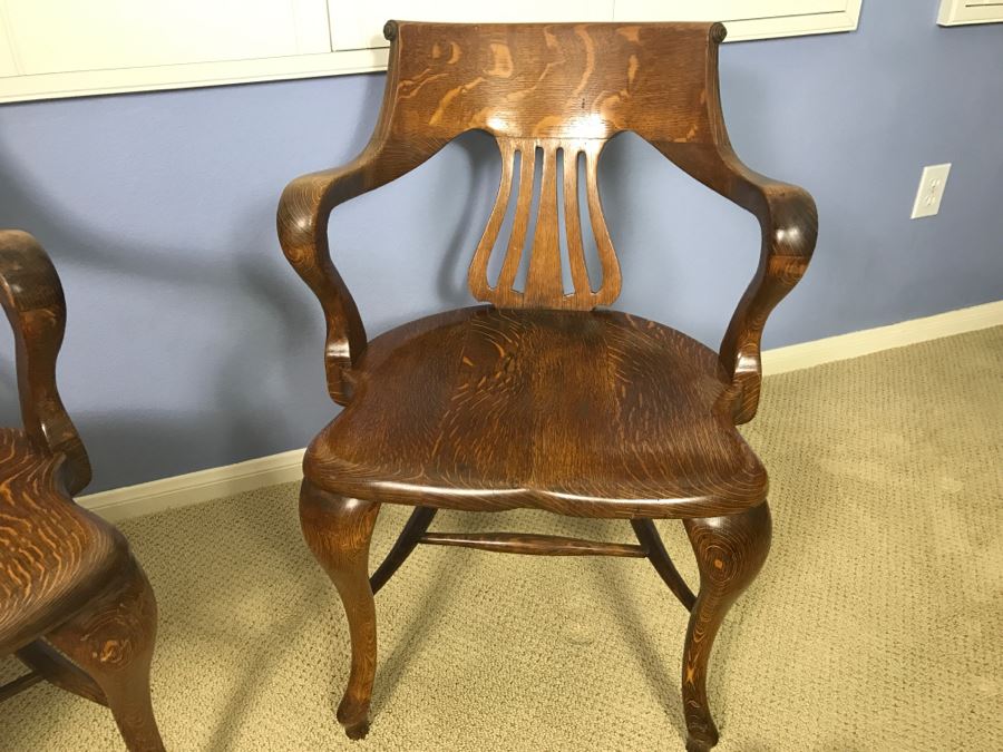 Fabulous Pair Of Vintage Tiger Oak Designer Armchairs [Photo 6]