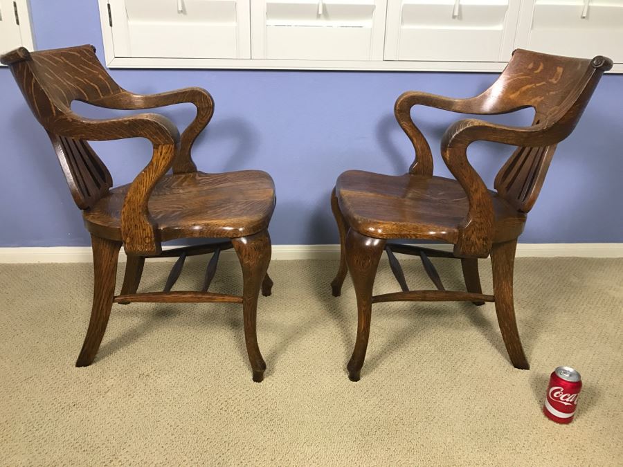 Fabulous Pair Of Vintage Tiger Oak Designer Armchairs [Photo 2]