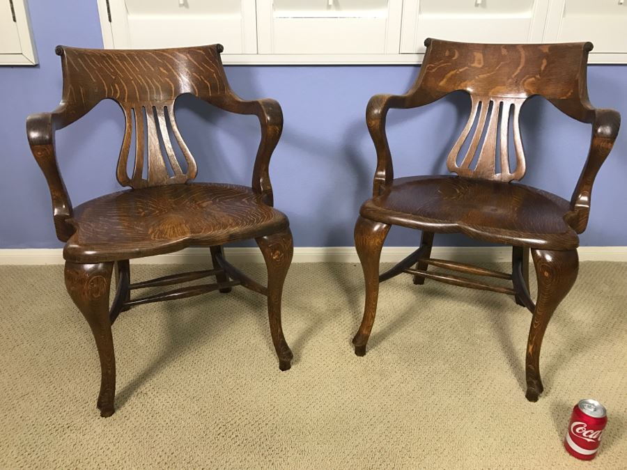 Fabulous Pair Of Vintage Tiger Oak Designer Armchairs [Photo 1]